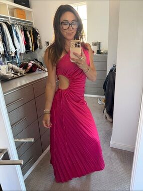 Fuchsia One-Shoulder Cutout Pleated Maxi Dress